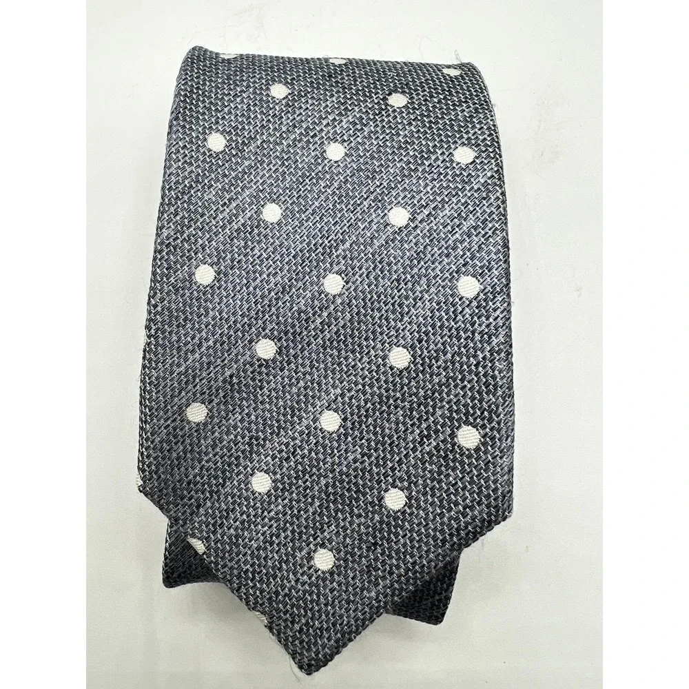 Sacoor Brothers Italy Silk Tie Gray White Polka Dot Hand Finished Luxury Necktie